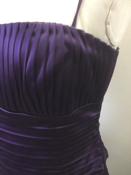 CALVIN KLEIN, Purple, Acetate, Nylon, Solid, Pleated Satin, Strapless with Detachable Spaghetti Straps, Vertical Pleats on Bust and Horizontal Pleats From Waist to Hem, Form Fitting, Knee Length