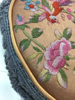 N/L , Lt Brown, Gray, Multi-color, Silk, Polyester, Floral, Circular Light Brown Silk with Multicolor Floral Embroidery, Gray Trim and Handles, 1 Snap Closures,
