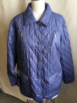 LAURA PLU, Slate Blue, Cream, Beige, Pink, Polyester, Solid, Diamonds, Self Diamond Quilt, Collar Attached, Cream with Beige & Pink Vertical Stripes Lining, Large Slate Blue with Silver Snap Front, 4 Pockets, Short Side Back Belt with Matching Snap Buttons, Long Sleeves,