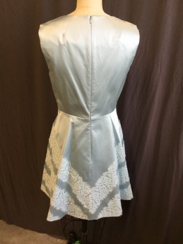 Womens, Evening Gown, KAREN MILLER, Baby Blue, Cotton, Polyester, Solid, Floral, 8, Round Neck,  Sleeveless, Baby Blue with Panel Baby Blue Lace Horizontal Stripes, Flair Bottom, Zip Back,