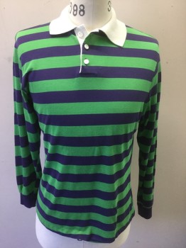 MONTGOMERY WARD, Green, Violet Purple, White, Poly/Cotton, Stripes - Horizontal , Violet and Green Horizontally Striped Cotton Jersey, Rugby Shirt, Long Sleeves, Solid White Collar Attached, 3 Button Front,