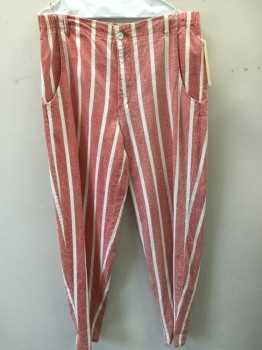 PCH, Faded Red, Cream, Cotton, Stripes - Vertical , 3 Pockets, Zip Front, Elastic Back Waistband Needs Replacing, Jams, Beach, Weightlifter Style