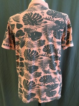7 DIAMONDS, Salmon Pink, Faded Black, Gray, Cotton, Leaves/Vines , Solid Peach Collar Attached & Short Sleeves Hem, 3 Button Front,