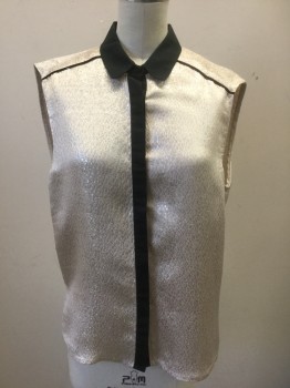 Womens, Top, MAJE, Blush Pink, Black, Metallic, Silk, Lurex, Abstract , S, Blush with Metallic Silver Scale-Like Pattern, Sleeveless, Solid Black Button Placket and Collar Attached, Black Piping at Shoulder Seams, Hidden Button Placket, Open Panel at Center Back