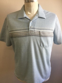 MR CALIFORNIA, Ice Blue, White, Lt Gray, Steel Blue, Polyester, Cotton, Stripes - Horizontal , 2 Buttons,  Short Sleeves, 1 Pocket, Textured Knit,