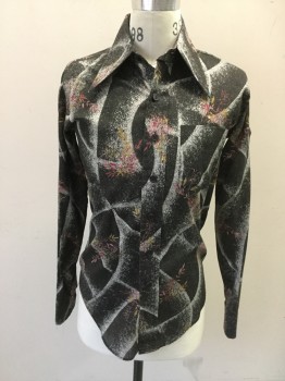 Mens, Shirt Disco, CONCEPT, Black, Gray, Maroon Red, Brown, Cotton, Novelty Pattern, 34, 15/15., Mottle Black/Gray Circle Novelty Print with Maroon/Brown/Pink Floral Print, Button Front, Pointy Collar Attached, Long Sleeves, 1 Pocket