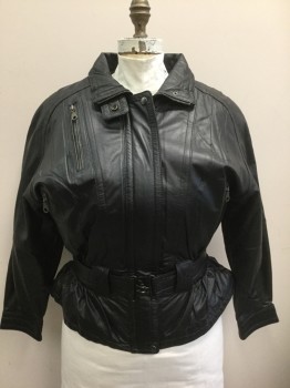 LUCKY LEATHER, Black, Leather, Solid, Zip Front, Stand Collar, Self Belt Attached at Waist, Padded Shoulders, 3 Zip Pockets, Elastic Waist, Vertical Seams at Front