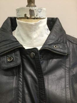 LUCKY LEATHER, Black, Leather, Solid, Zip Front, Stand Collar, Self Belt Attached at Waist, Padded Shoulders, 3 Zip Pockets, Elastic Waist, Vertical Seams at Front