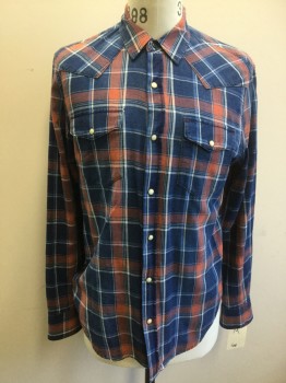 Mens, Western, GAP, Navy Blue, Tomato Red, White, Cotton, Plaid, M, Snap Front Long Sleeves, 2 Snap Flap Pocket,