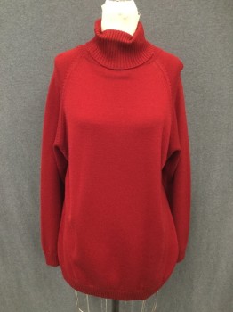 ANNE KLEIN, Red, Wool, Solid, Ribbed Turtleneck, Raglan Long Sleeves, Ribbed Knit Waistband/Cuff