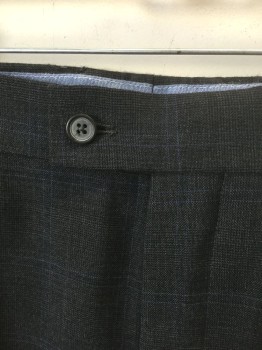 NAUTICA, Gray, Dk Gray, Blue, Wool, Check - Micro , Grid , Gray/Dark Gray Microcheck with Faint Blue Double Grid Lines, Double Pleats, Button Tab Waist, Zip Fly, 4 Pockets, Straight Leg