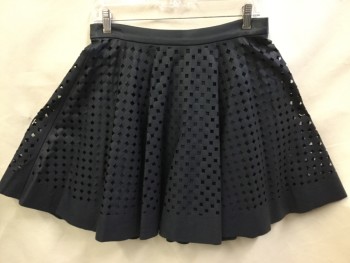 Womens, Skirt, Knee Length, CLUB MONACO, Black, Faux Leather, Polyester, Geometric, Solid, 6, Black Cut-out Circle/diamond Pattern, with Black Lining, Bias Cut, 1.5" Waist Band, Zip Back,
