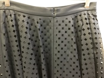 Womens, Skirt, Knee Length, CLUB MONACO, Black, Faux Leather, Polyester, Geometric, Solid, 6, Black Cut-out Circle/diamond Pattern, with Black Lining, Bias Cut, 1.5" Waist Band, Zip Back,