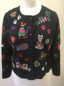 MICHAEL SIMON, Black, Multi-color, Cotton, Novelty Pattern, Multicolor Cats, Paw Prints, and Leaves Embroidery, Long Sleeves, Button Front, Scoop Neck
