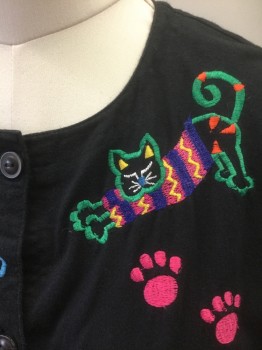MICHAEL SIMON, Black, Multi-color, Cotton, Novelty Pattern, Multicolor Cats, Paw Prints, and Leaves Embroidery, Long Sleeves, Button Front, Scoop Neck