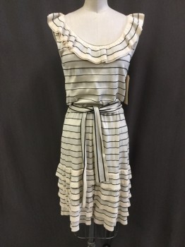 KATE SPADE, Beige, Silver, Black, Silk, Polyester, Stripes - Horizontal , Sweater Knit, Décolletage, Sleeveless, Ruffle at Neck Edge and Tiered Ruffle at Hem, MATCHING TIE BELT