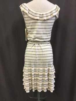 KATE SPADE, Beige, Silver, Black, Silk, Polyester, Stripes - Horizontal , Sweater Knit, Décolletage, Sleeveless, Ruffle at Neck Edge and Tiered Ruffle at Hem, MATCHING TIE BELT