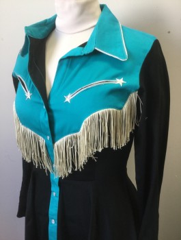 PONY TALES, Black, Turquoise Blue, Cream, Silver, Cotton, Spandex, Solid, Color Blocking, Western Wear, Black with Turquoise Yoke, Collar, and Button Placket, Snap Front, Cream Fringe at Edge of Yoke, Silver Metallic Piping, 2 Welt Pockets at Bust, Circle Skirt, Knee Length