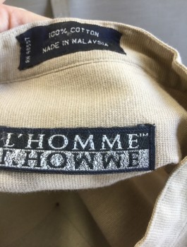 L'HOMME, Beige, Cotton, Solid, Long Sleeve Button Front, Band Collar, 1 Patch Pocket
