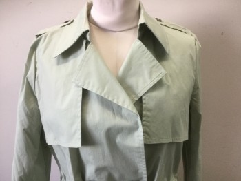 Womens, Coat, Trenchcoat, THE KORNER, Lt Khaki Brn, Cotton, Elastane, Solid, Small, Double Breasted, 4 Buttons, Drawstring Waist, Epaulets, Straps at Cuffs, Has a Touch of Green in the Khaki