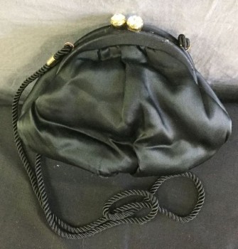 LORD & TAYLOR, Black, Polyester, Solid, Black Satin Clutch, Hinge Closure with 2 Rhinestone/Gold Closure, Black Twisted Rope Optional Strap