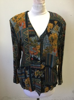 RELATED ACCENTS, Black, Gold, Teal Green, Gray, Green, Rayon, Floral, Patchwork, Single Breasted, V-neck, 3 Buttons,  2 Pockets, Long Sleeves, Crinkled, Shoulder Pads
