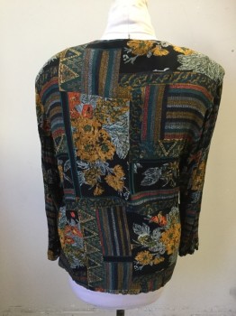 Womens, Jacket, RELATED ACCENTS, Black, Gold, Teal Green, Gray, Green, Rayon, Floral, Patchwork, M, Single Breasted, V-neck, 3 Buttons,  2 Pockets, Long Sleeves, Crinkled, Shoulder Pads