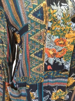 Womens, Jacket, RELATED ACCENTS, Black, Gold, Teal Green, Gray, Green, Rayon, Floral, Patchwork, M, Single Breasted, V-neck, 3 Buttons,  2 Pockets, Long Sleeves, Crinkled, Shoulder Pads