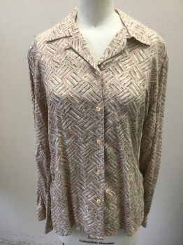 Womens, Blouse, PENDLETON, Taupe, Pink, Ecru, Brown, Rayon, Abstract , B:36, Sz 6, Long Sleeve Button Front, Collar Attached,