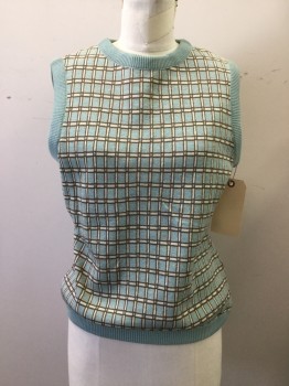 NL, Mint Green, Brown, White, Polyester, Check , Ribbed Crew Neck/waist/arms, Pull Over, Sleeveless,
