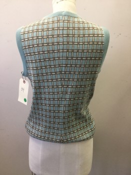 Womens, Sweater, NL, Mint Green, Brown, White, Polyester, Check , B:34, Ribbed Crew Neck/waist/arms, Pull Over, Sleeveless,