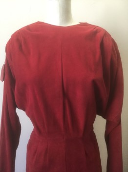 KISS, Red, Suede, Leather, Solid, Suede with Smooth Leather Shoulder Accents with Small Tassles, Long Dolman Sleeves, Round Neck, Heavily Padded Shoulders, Pleated Shoulder Seams, Knee Length, Pencil Fit,