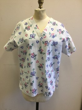 PEACHES, White, Pink, Purple, Violet Purple, Green, Poly/Cotton, Floral, Hearts, White with Flower and Heart Multi Color Pattern, V-neck, 3 Patch Pockets, Short Sleeves