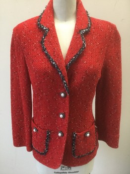 Womens, Blazer, ST. JOHN, Red, Black, White, Pearl White, Wool, Rayon, Speckled, 4, Textured Fabric, Single Breasted, Rounded Notched Lapel, 2 Pearl Buttons, Black and White Edging at Lapel and 2 Patch Pockets, No Lining,
