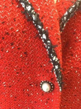 ST. JOHN, Red, Black, White, Pearl White, Wool, Rayon, Speckled, Textured Fabric, Single Breasted, Rounded Notched Lapel, 2 Pearl Buttons, Black and White Edging at Lapel and 2 Patch Pockets, No Lining,