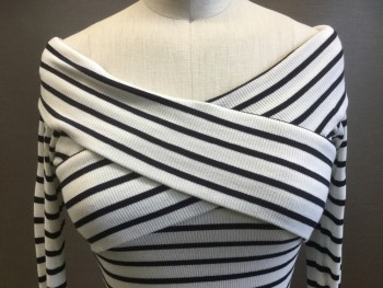 Womens, Top, TOP SHOP, Ivory White, Navy Blue, Cotton, Polyester, Stripes - Horizontal , Small, Long Sleeves, Wrap Across Bust, Wide Neck