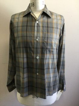 Mens, Shirt, VAN HEUSEN, Gray, Lt Gray, Mustard Yellow, Poly/Cotton, Plaid, M, Button Front, Long Sleeves, Collar Attached, 1 Pocket, Kind of Sheer, Button Loop at Neck