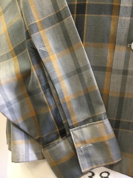 VAN HEUSEN, Gray, Lt Gray, Mustard Yellow, Poly/Cotton, Plaid, Button Front, Long Sleeves, Collar Attached, 1 Pocket, Kind of Sheer, Button Loop at Neck