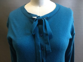 SUTTON CASHMERE, Teal Blue, Cashmere, Solid, Button Front, 2 Pockets, Bow at Neck.