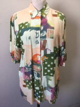 SCIROCCO, Multi-color, Peach Orange, Off White, Avocado Green, Purple, Rayon, Abstract , Americana, Abstract Stars, American Flags, Geometric Shapes Pattern, Short Sleeve Button Front, Collar Attached, Oversized/Baggy Fit, Late 1980's/Early 1990's