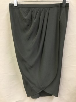 Womens, Skirt, Below Knee, THE ROW, Gray, Silk, Solid, 29, Gray, Diagonal Pleat Front, Overlap/wrap  with 1 Hook Closure to Left, Uneven Hem,