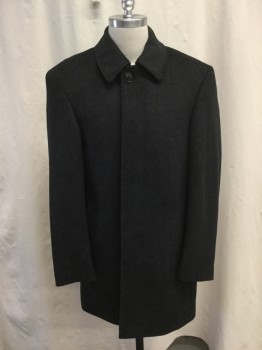 RALPH LAUREN, Black, Gray, Wool, Polyester, Herringbone, Spread Collar, Single Breasted, Concealed Button Up, Fly Front, 2 Side Entry Pockets, Above the Knee Length