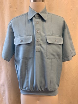 JOHN BLAIR, Baby Blue, Polyester, Pullover, Collar Attached, Button Front, 2 Pockets, Short Sleeves, Rib Knit Waist