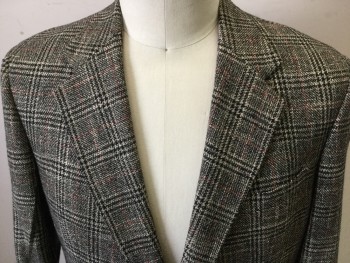 BERT PULITZER, Cream, Black, Red, Wool, Plaid, Single Breasted, Notched Lapel, 3 Pockets,