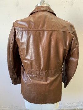 Mens, Leather Jacket, TOWNCRAFT JCPENNEY, Brown, Leather, Solid, 42, 3 Buttons, Notched Collar, 2 Large Pockets at Hips with Flap Closures, Wide Belt Loops at Waist, **Removable Belt Panels at Waist That Buckle in Front, **Removable Brown Plush Liner,