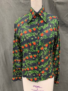 EMILIA, Black, Green, Red, Cotton, Stripes - Diagonal , Novelty Pattern, Cotton Voile, Novelty Tomato Print, Button Front, Collar Attached, Long Sleeves, Button Cuff, 1970's *Shoulder Seams Starting to Come Apart*