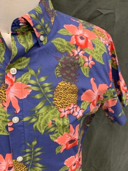 Mens, Hawaiian Shirt, BONOBOS, Blue, Pink, Green, Red, White, Cotton, Tropical , S, Flowers and Pineapples, Button Front, Collar Attached, Short Sleeves, Multiple