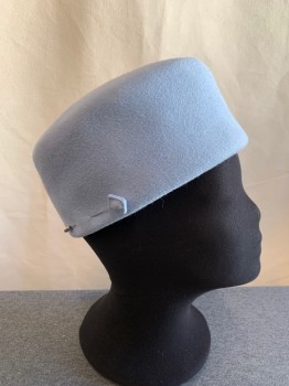 PATRICIA UNDERWOOD, Lt Blue, Wool, Solid, Reproduction, Felted Pillbox, Silver Hat Pin with Square Felted Wool Tip