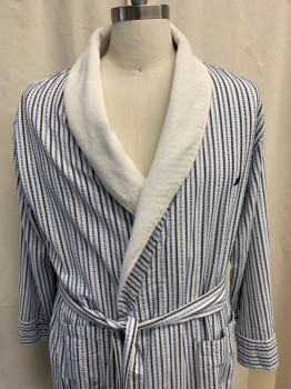 Mens, Bathrobe, NAUTICA, White, Navy Blue, Sky Blue, Cotton, Stripes - Vertical , S/M, Crimped Stripe, Surplice Shawl Collar, Long Sleeves, 2 Patch Pocket, Belted Waist, Terry Cloth Lining, Below the Knee Length