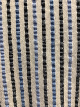 Mens, Bathrobe, NAUTICA, White, Navy Blue, Sky Blue, Cotton, Stripes - Vertical , S/M, Crimped Stripe, Surplice Shawl Collar, Long Sleeves, 2 Patch Pocket, Belted Waist, Terry Cloth Lining, Below the Knee Length